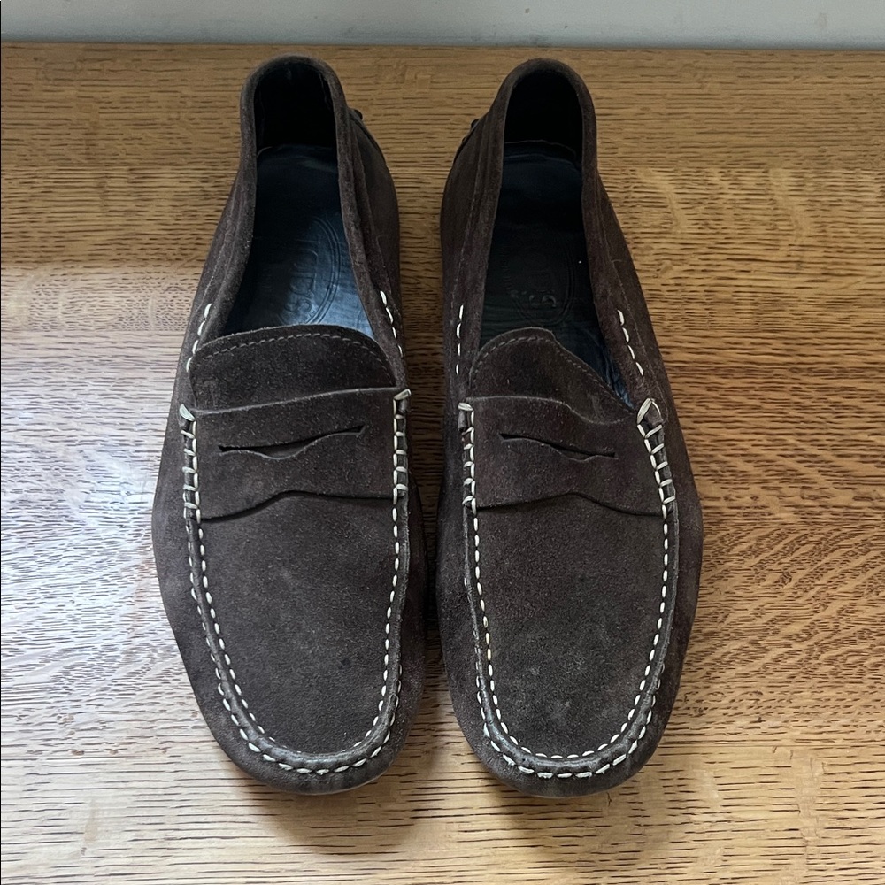 Tod's Dark Brown Suede Penny Loafers with Contrast Stitching